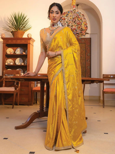 Fascinating Yellow Zari Weaving Satin Haldi Wear Saree With Blouse
