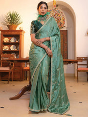 Glamorous Mint Green Zari Weaving Satin Traditional Saree With Blouse