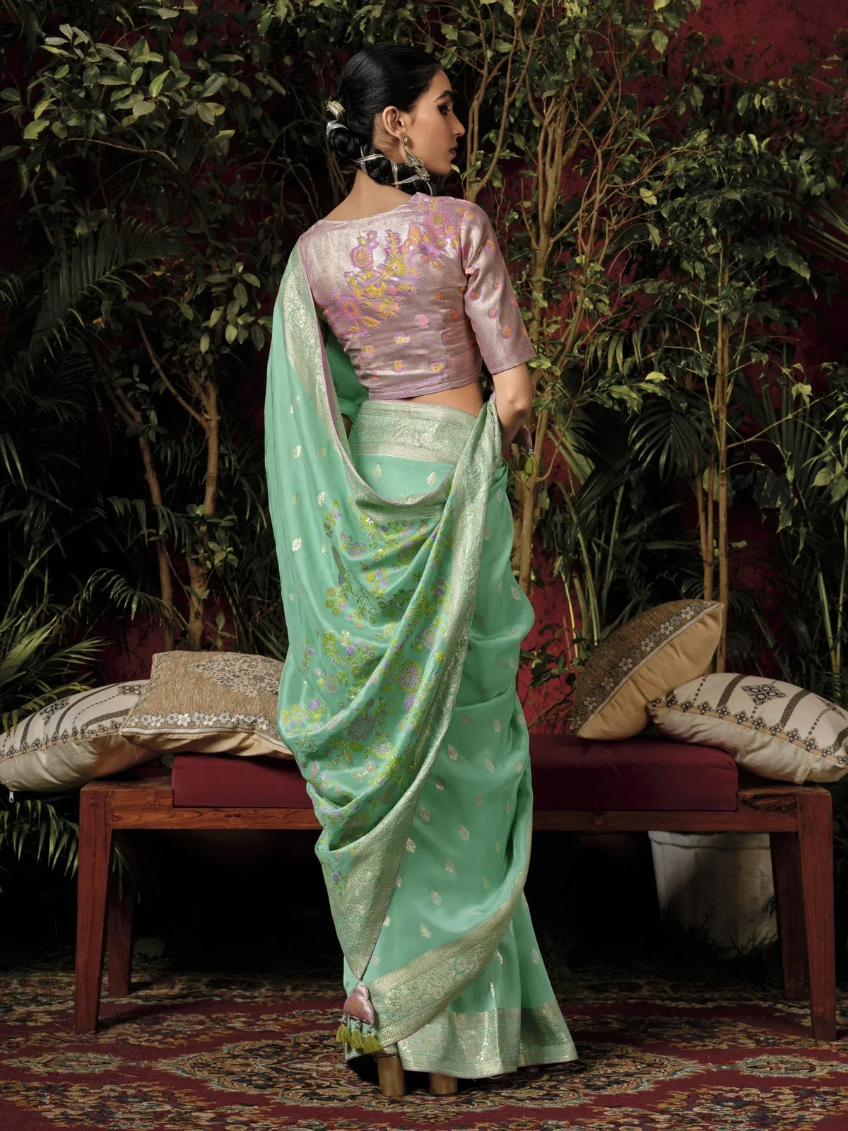 Mint green floral saree with embroidered blouse, Indian ethnic wear for women