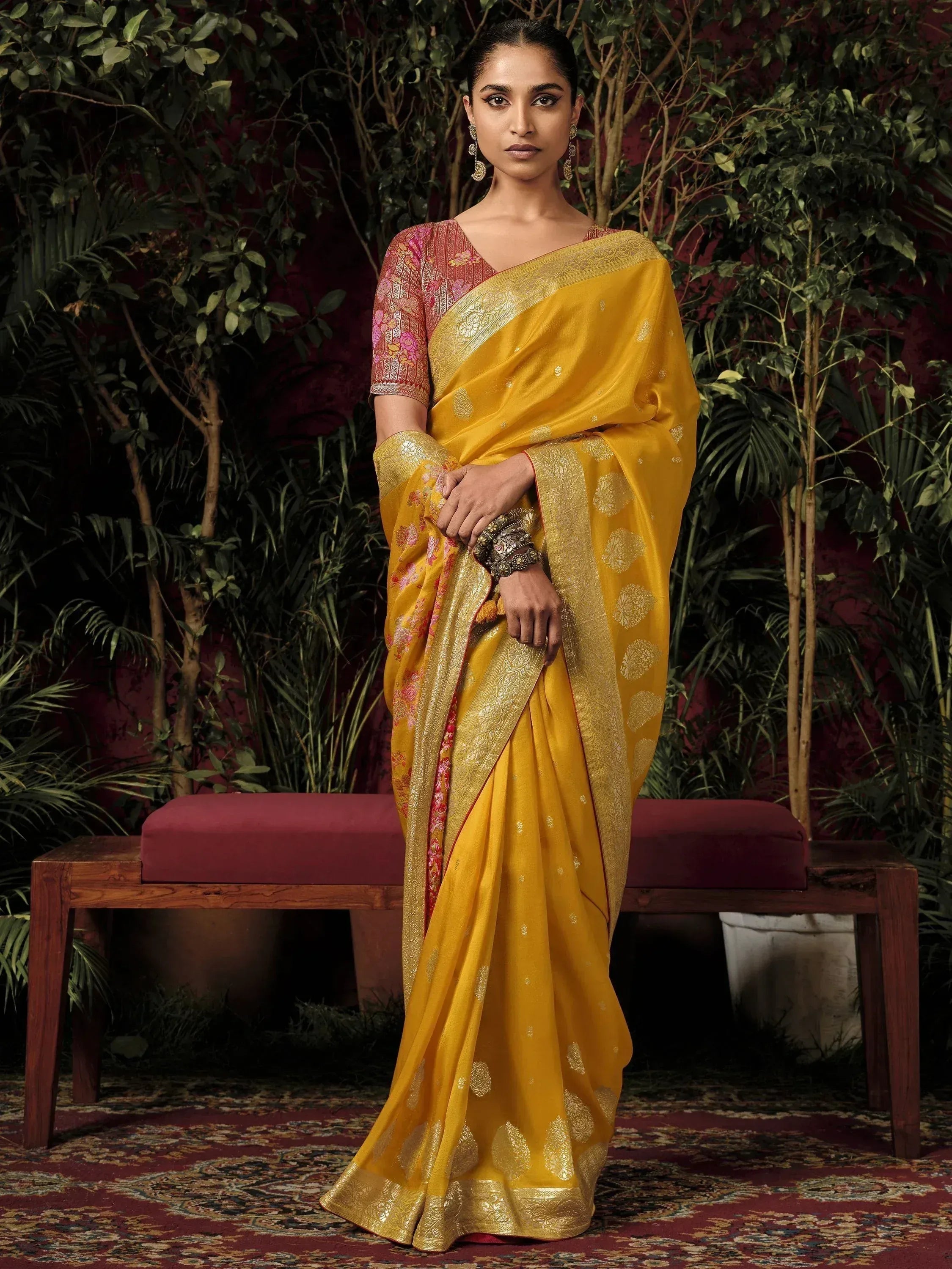 Yellow silk saree with gold zari work and floral blouse, Indian ethnic wear for women