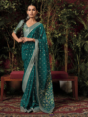 Adorable Green Zari Weaving Silk Mehendi Wear Saree With Blouse