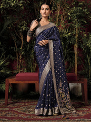 Precious Navy Blue Zari Weaving Silk Traditional Saree With Blouse