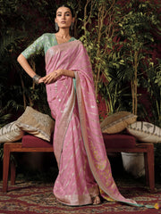Attractive Baby Pink Zari Weaving Silk Wedding Wear Saree With Blouse