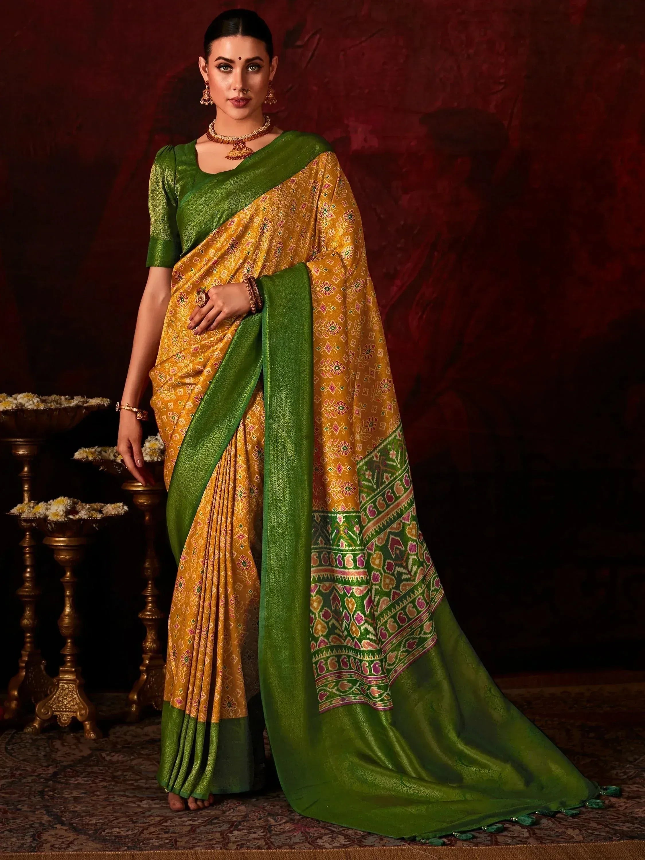 Yellow and green printed saree with floral motifs, perfect for Indian ethnic wear occasions