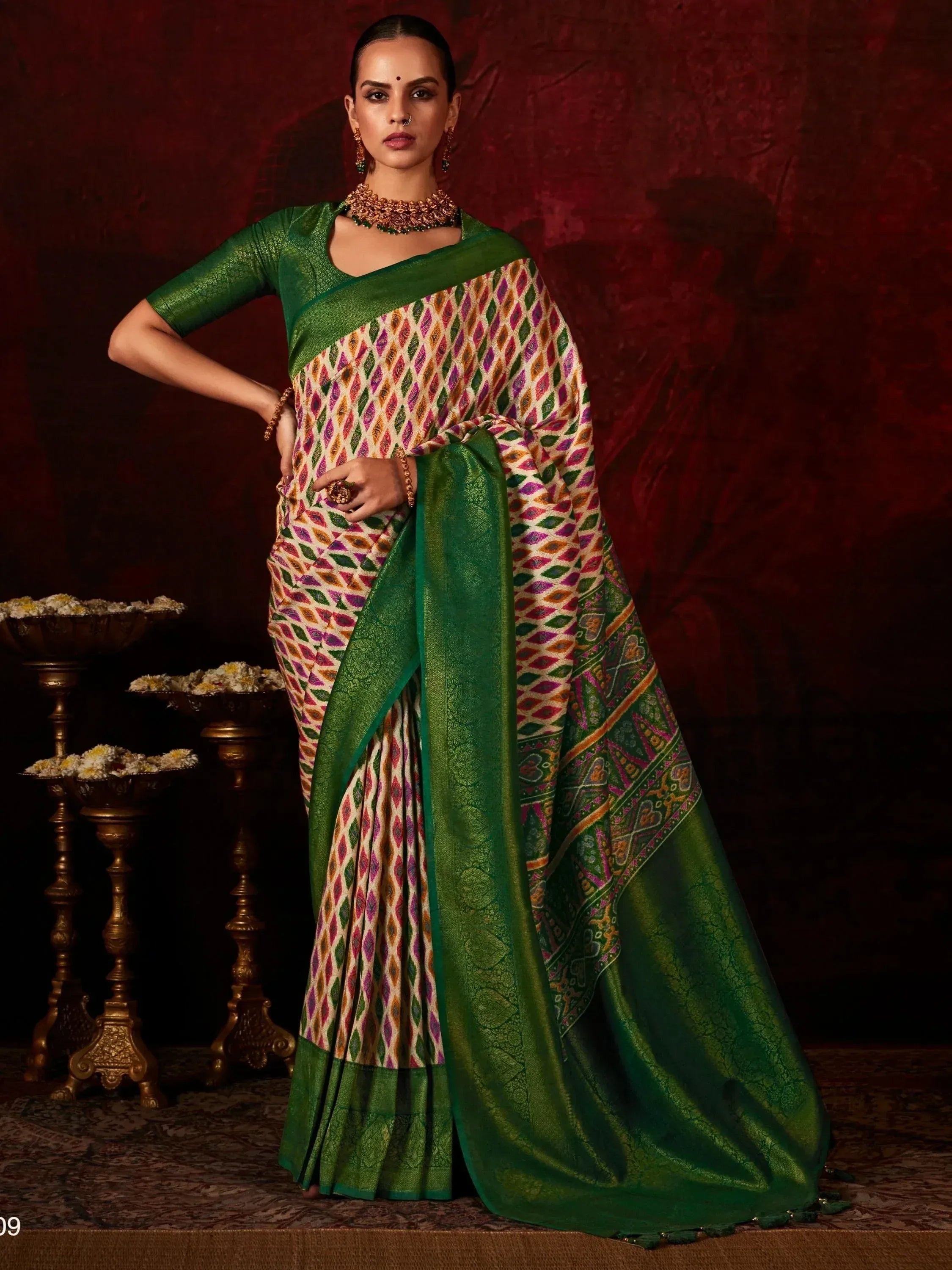 Green and multicolor patterned saree with designer blouse, perfect for Indian ethnic wear occasions.