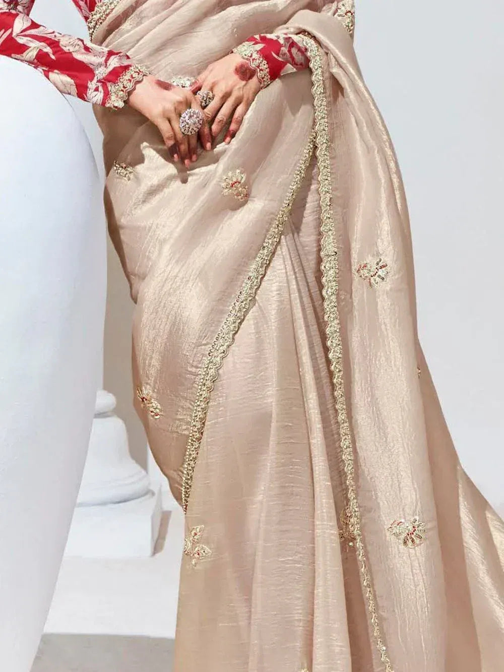 Beige embroidered saree with gold border and red floral blouse, Indian ethnic wear