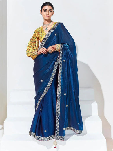 Marvelous Blue Embroidered Organza Engagement Wear Saree