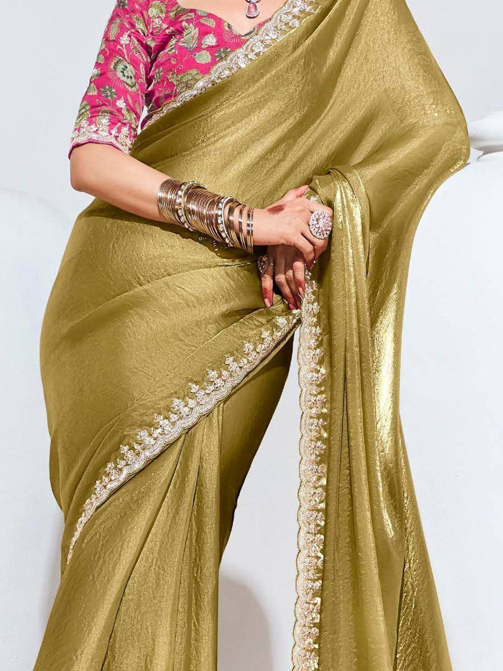 Gorgeous Mustard Yellow Lace Work Organza Reception Wear Saree