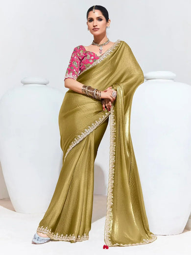 Gorgeous Mustard Yellow Lace Work Organza Reception Wear Saree