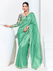 Enchanting Teal Green Embroidered Organza Engagement Wear Saree