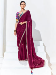 Fascinating Maroon Embroidered Organza Wedding Saree With Blouse