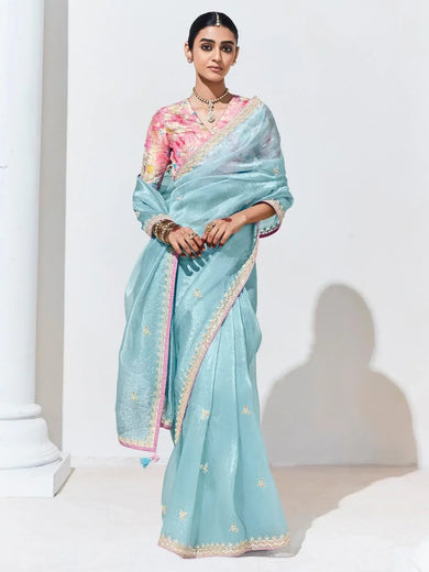 Charming Sky-Blue Embroidered Organza Engagement Wear Saree