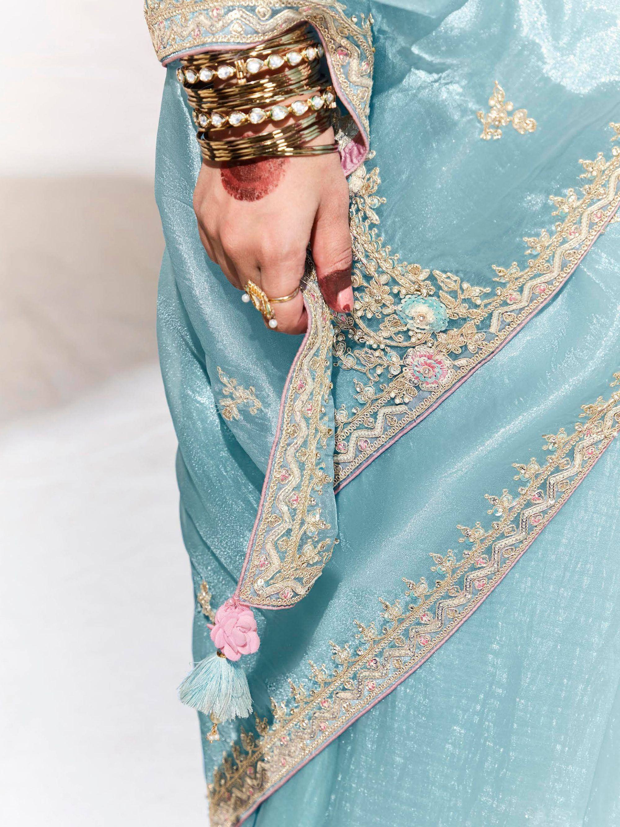 Charming Sky-Blue Embroidered Organza Engagement Wear Saree