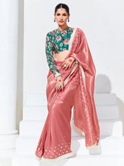 Precious Peach Sequins Organza Reception Wear Saree With Blouse