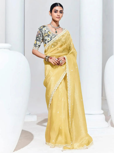 Glamorous Yellow Embroidered Organza Haldi Wear Saree With Blouse
