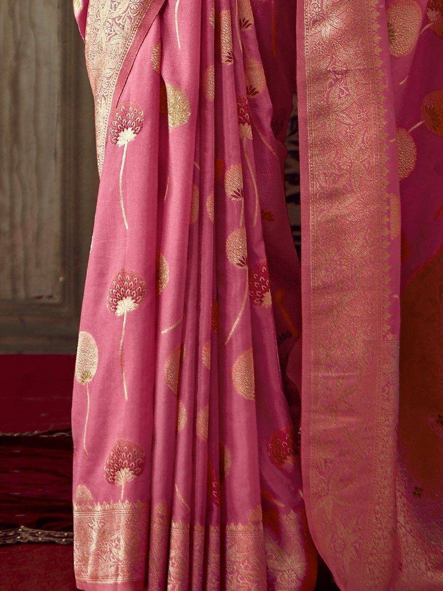 Pink floral embroidered saree with golden border, ethnic Indian wear