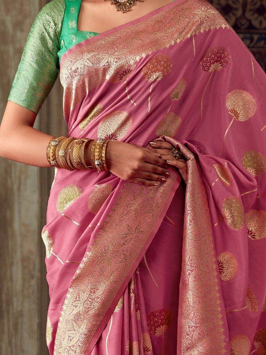 Pink saree with gold floral print and green blouse, ethnic Indian wear