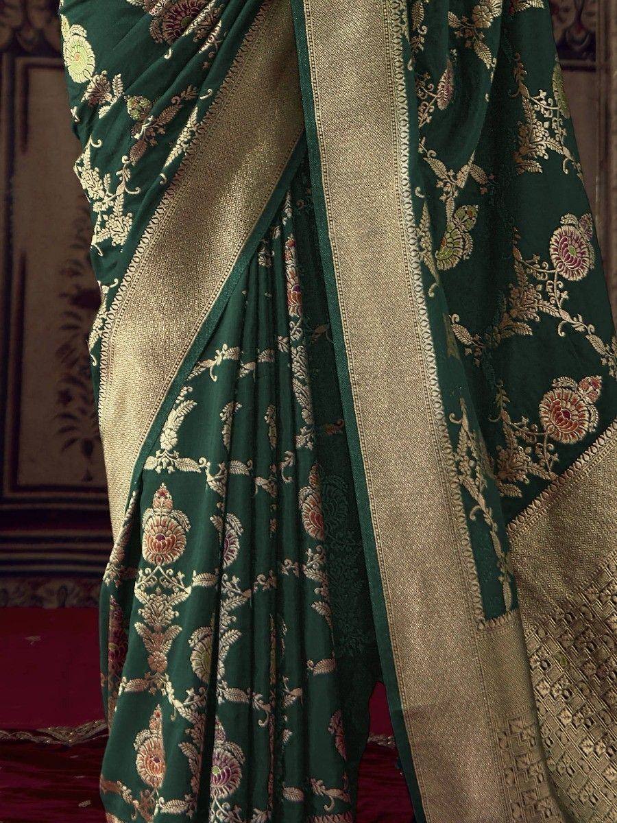 Emerald green embroidered saree with gold zari border, floral motifs, Indian ethnic wear