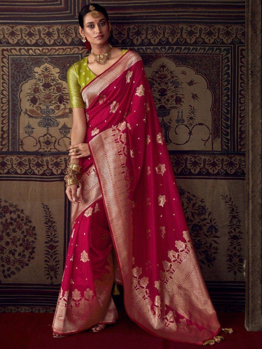 Elegant pink saree with gold floral embroidery and border, paired with green blouse, traditional Indian ethnic wear