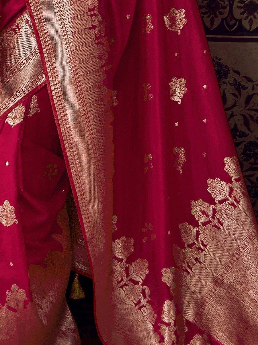 Rich maroon saree with gold floral embroidery and woven border, ideal for Indian ethnic wear occasions
