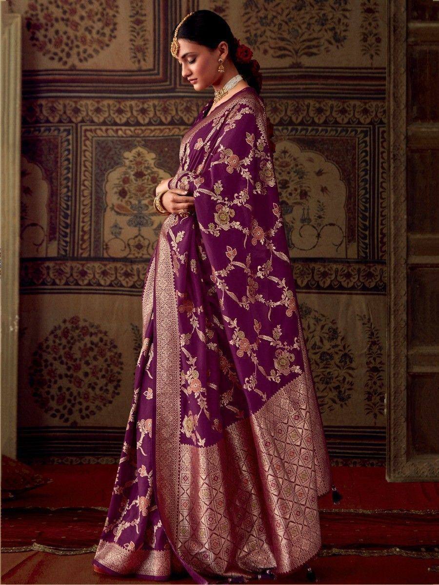 Purple designer saree with gold floral embroidery, perfect for Indian ethnic wear occasions.
