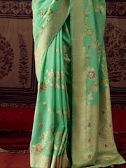 Fascinating Light Green Zari Weaving Georgette Function Wear Saree