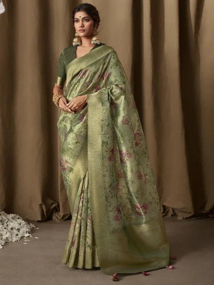 Olive green floral saree with gold border, perfect for Indian ethnic wear occasions