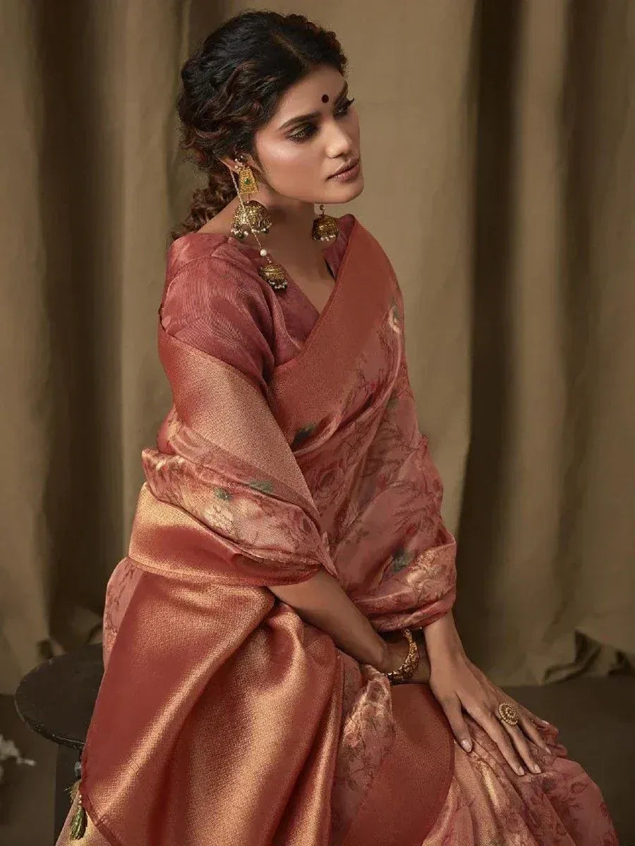 Elegant terracotta saree with floral print, traditional Indian ethnic wear for women