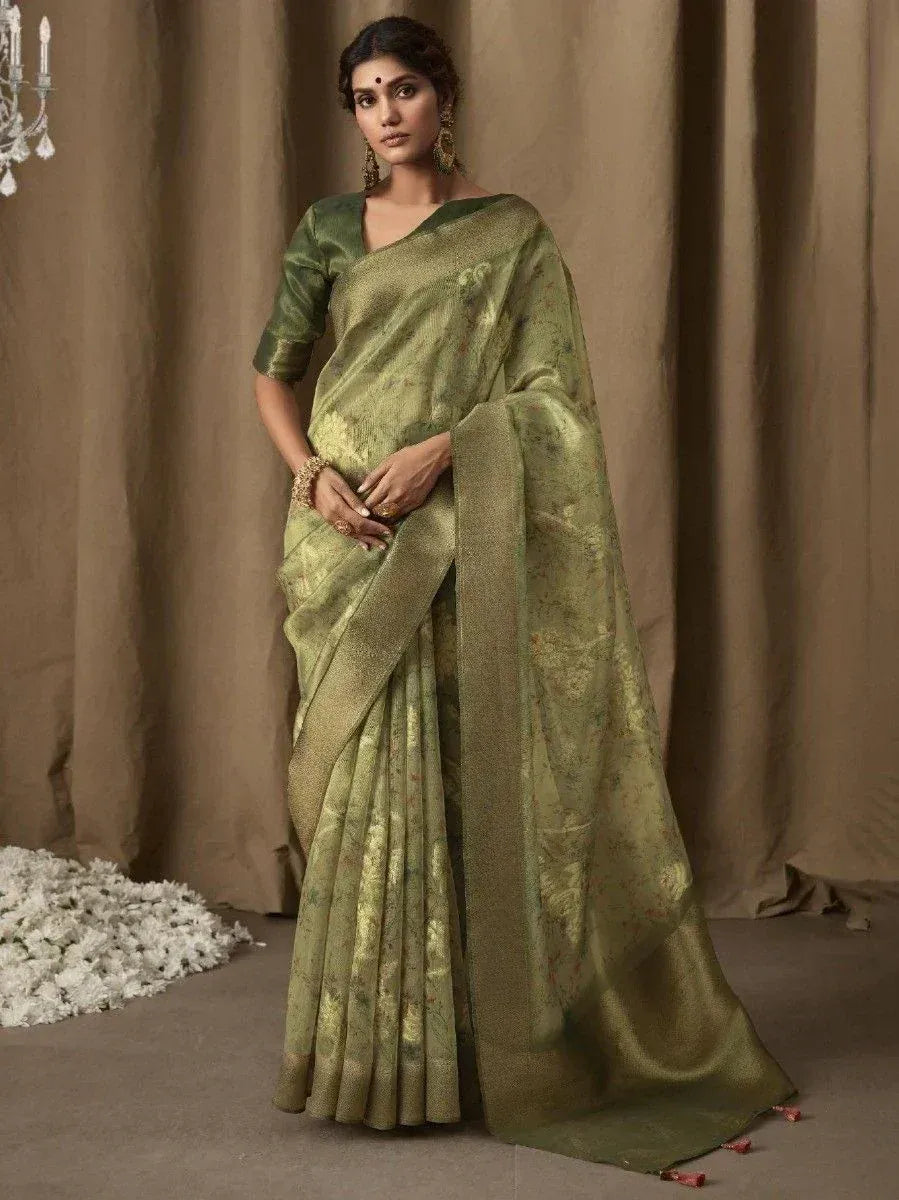 Olive green designer saree with floral print and matching blouse, elegant ethnic wear for women
