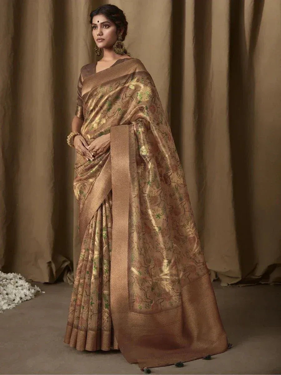 Elegant brown floral saree with golden embroidery, perfect for Indian ethnic occasions