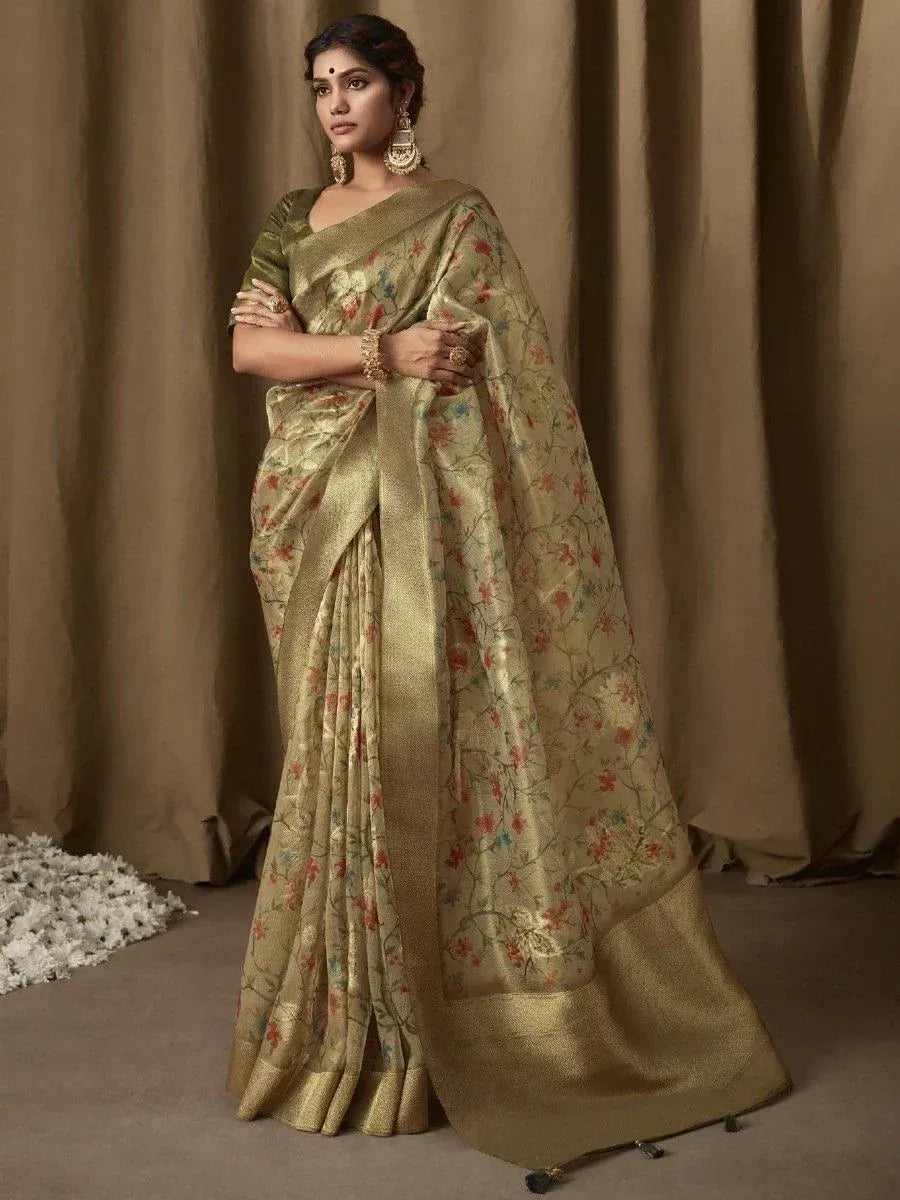 Elegant gold floral saree with matching blouse, perfect for Indian ethnic occasions