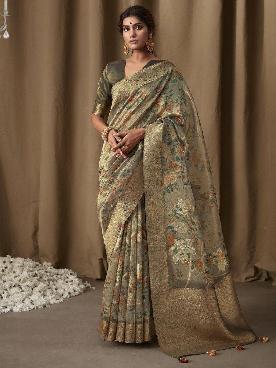 Elegant floral print saree with golden border, perfect for Indian ethnic occasions