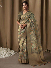 Awesome Dusty Green Zari Woven Jacquard Saree With Blouse