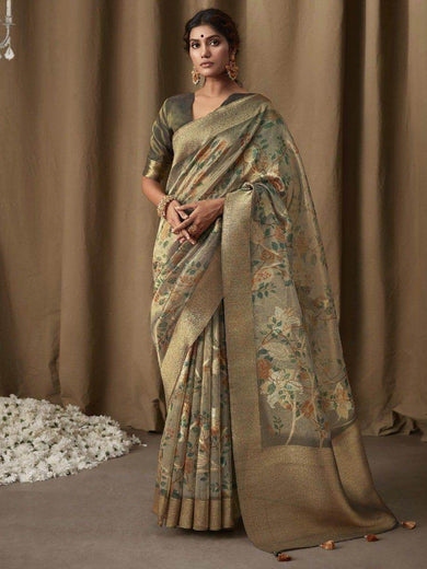 Awesome Dusty Green Zari Woven Jacquard Saree With Blouse
