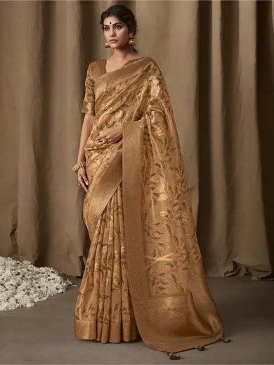 Adorable Golden Zari Weaving Jacquard Saree With Blouse