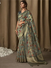 Precious Dusty Blue Floral Printed Jacquard Reception Wear Saree