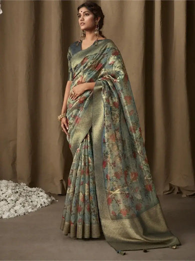 Precious Dusty Blue Floral Printed Jacquard Reception Wear Saree