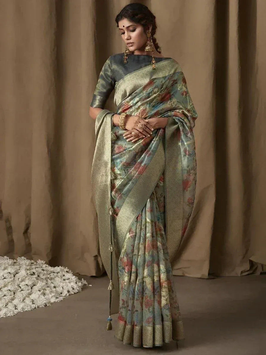 Elegant floral print saree with gold border, perfect for Indian ethnic wear occasions