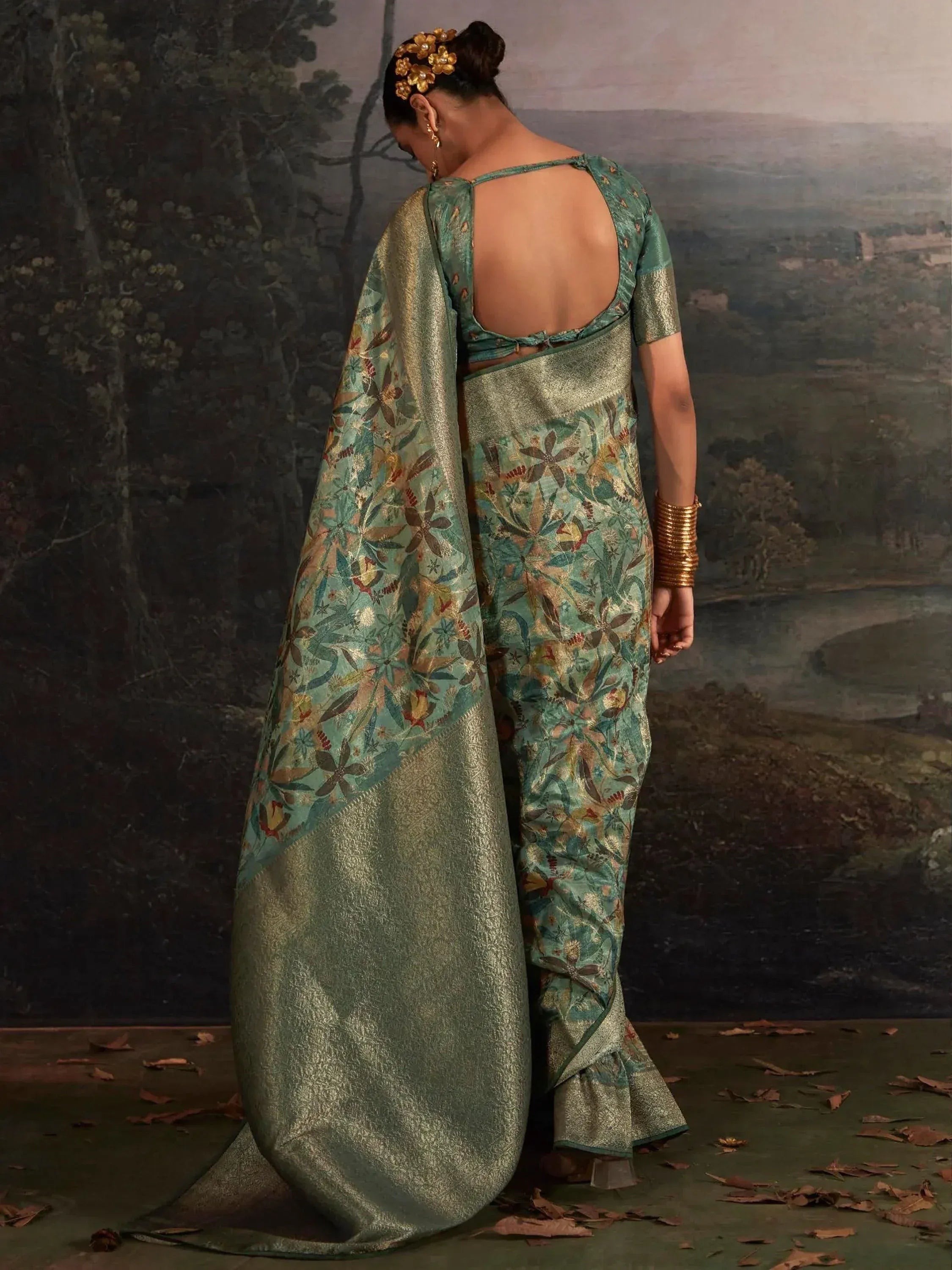 Teal floral saree with gold border and backless blouse, Indian ethnic wear