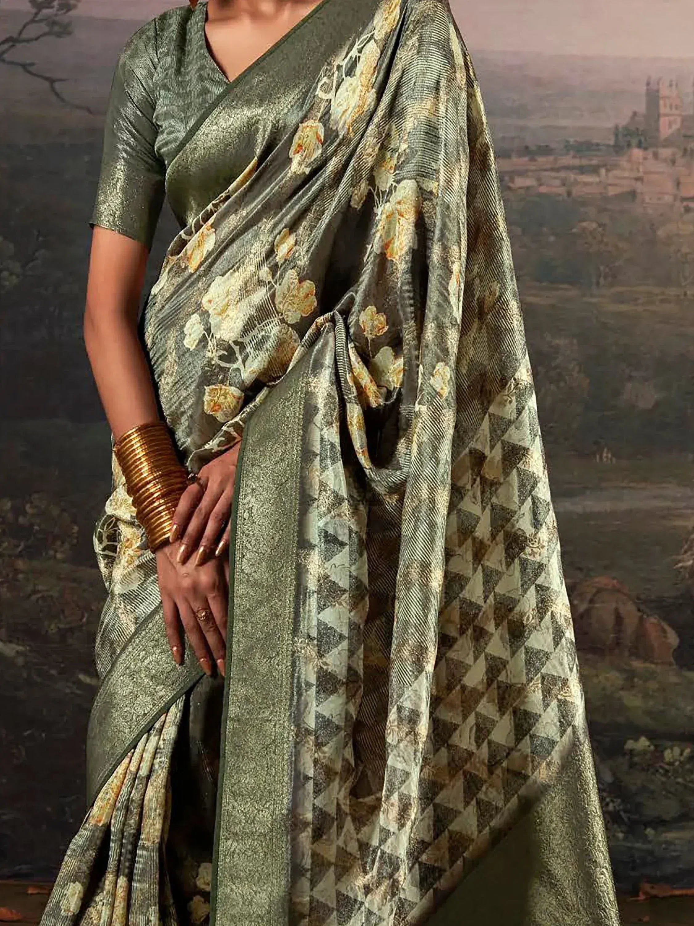 Olive green floral and geometric print saree with matching blouse, ethnic Indian wear