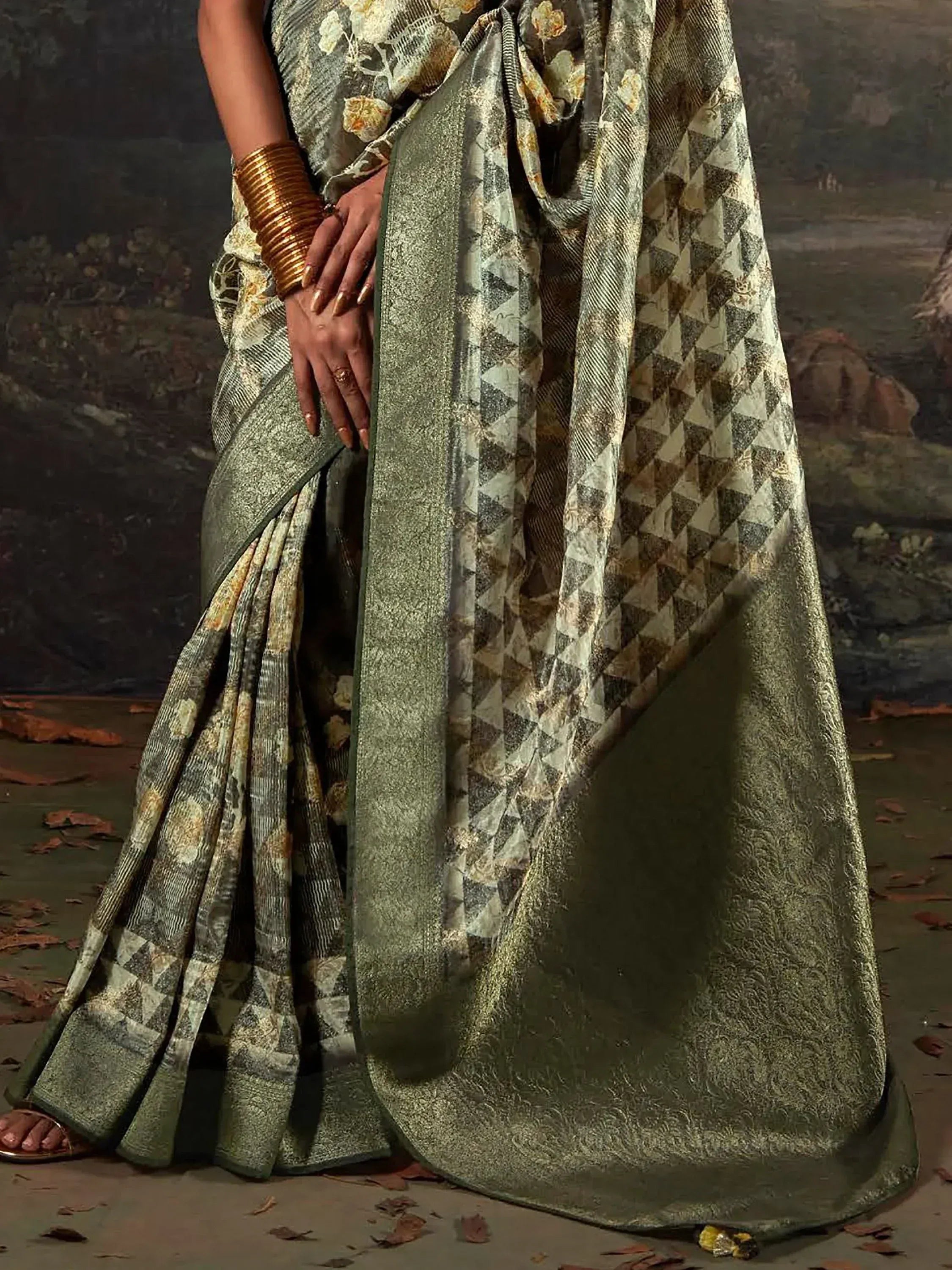 Olive green designer saree with floral and geometric print, perfect for ethnic occasions
