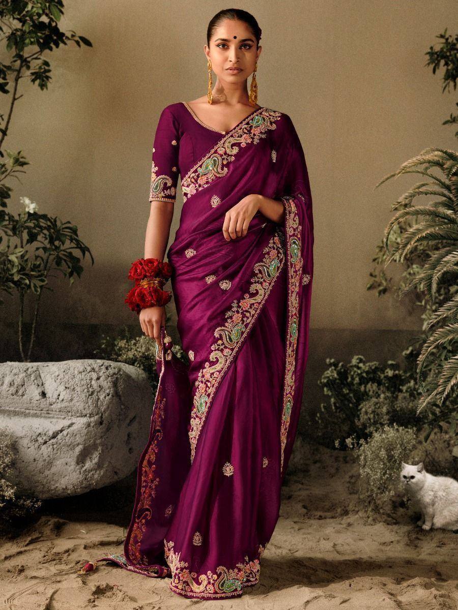Elegant purple saree with floral embroidery, perfect for Indian ethnic wear occasions