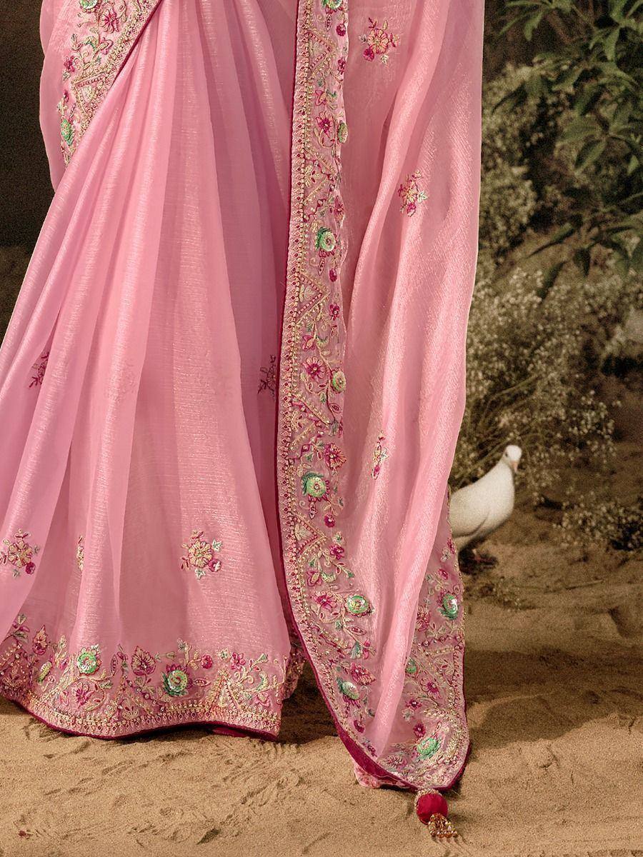 Pink embroidered saree with floral zari work, perfect for Indian ethnic occasions
