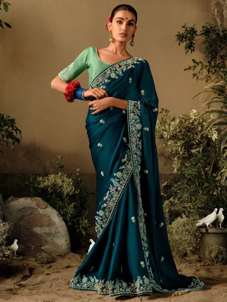Teal embroidered saree with green blouse, Indian ethnic wear for women, floral border design