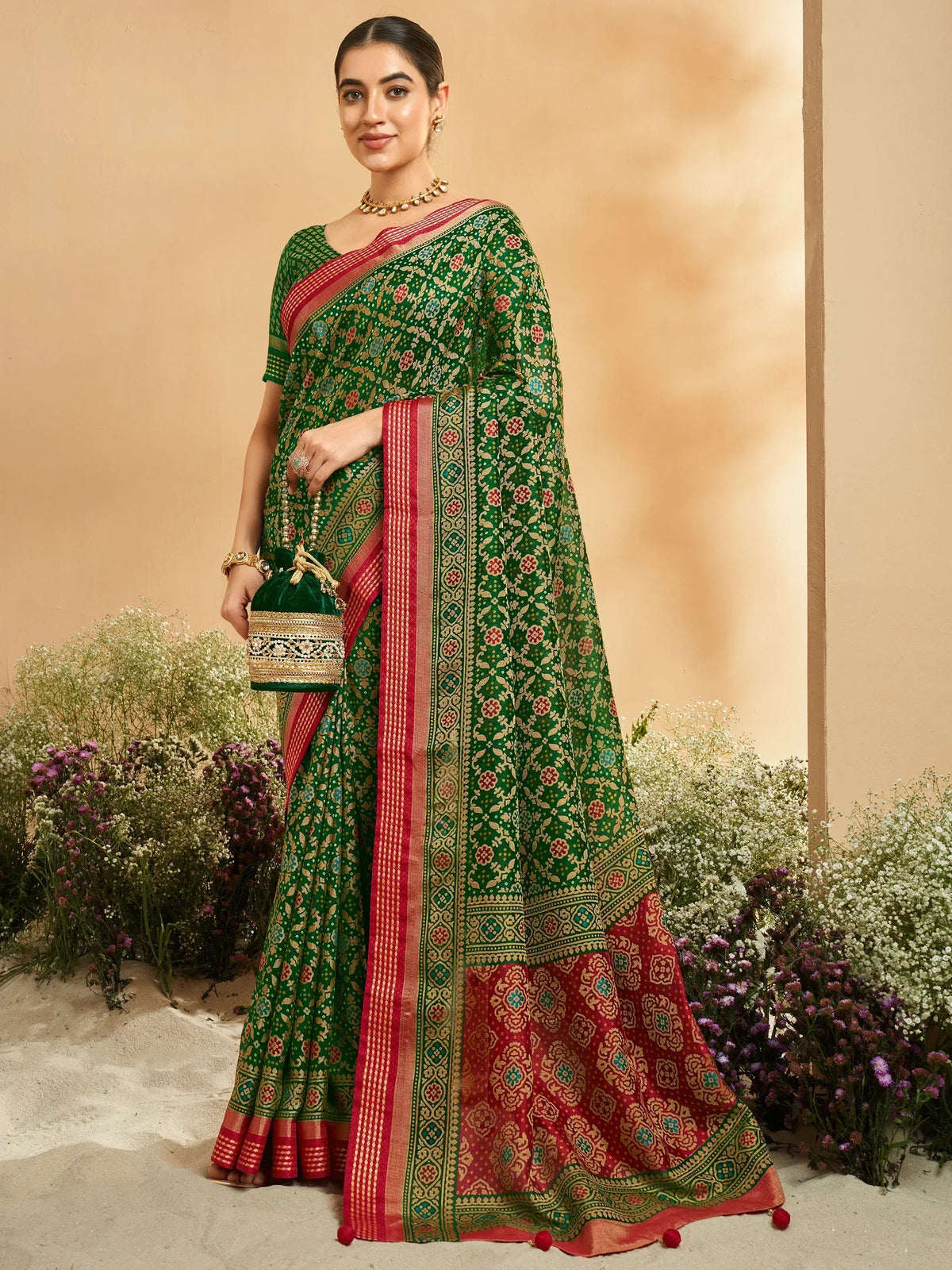 Green and red floral printed saree with gold zari border, perfect for Indian ethnic occasions