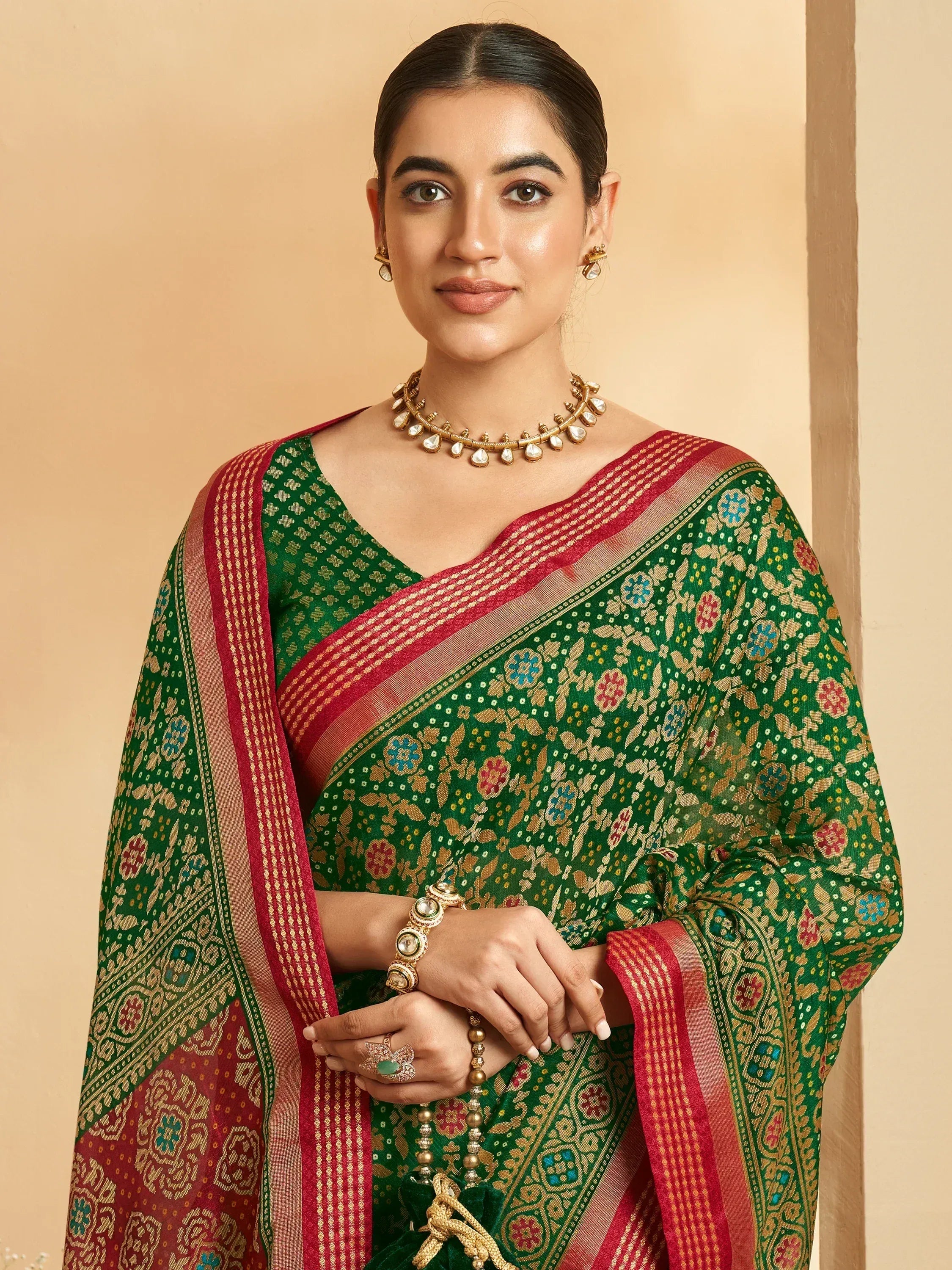 Green floral saree with red border, ethnic wear for women, traditional Indian fashion