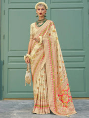 Bewitching Cream Zari Weaving Silk Traditional Saree With Blouse