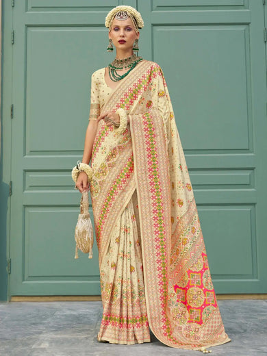Bewitching Cream Zari Weaving Silk Traditional Saree With Blouse