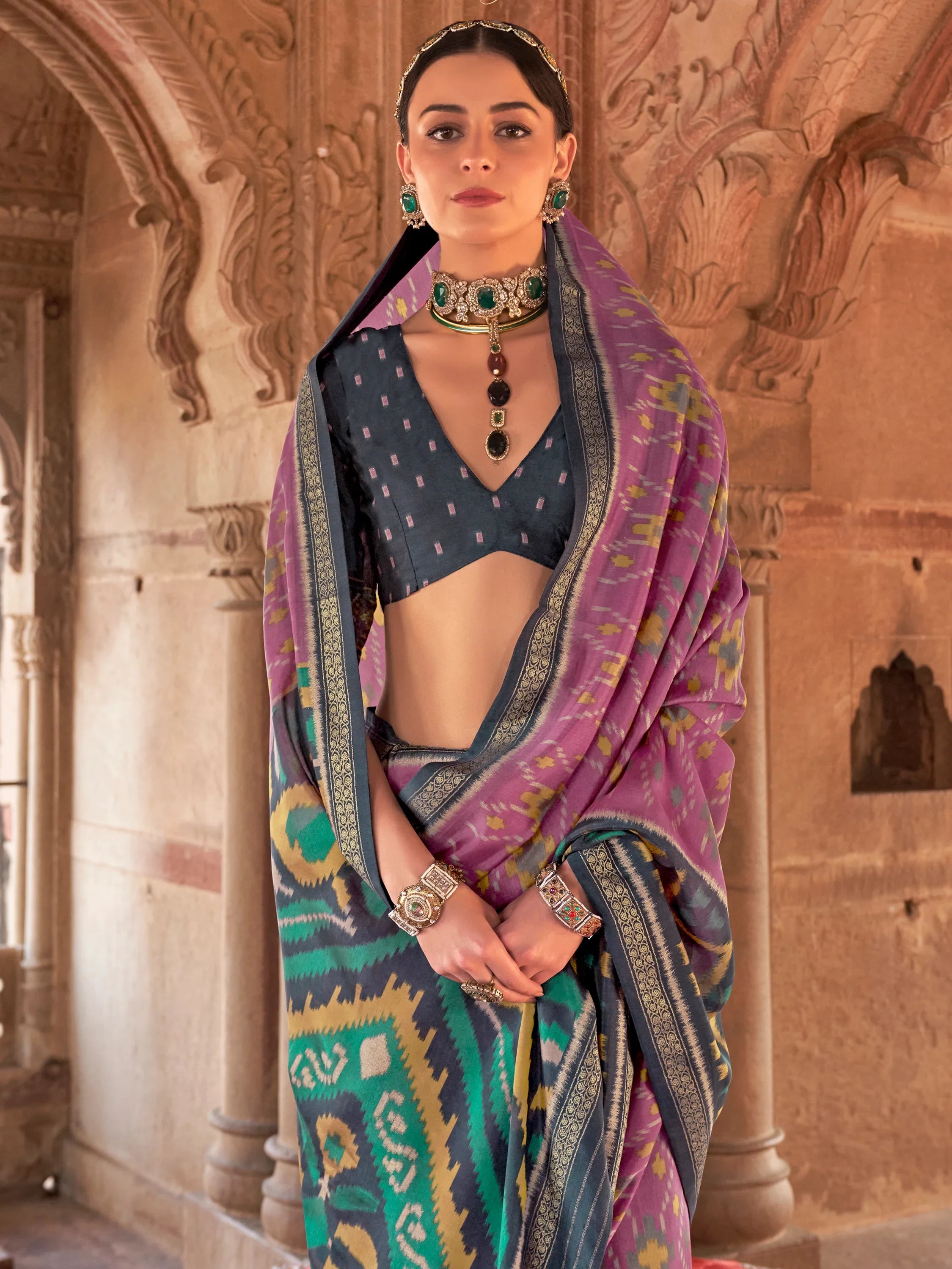 Stunning Light Purple Patola Printed Georgette Event Wear Saree