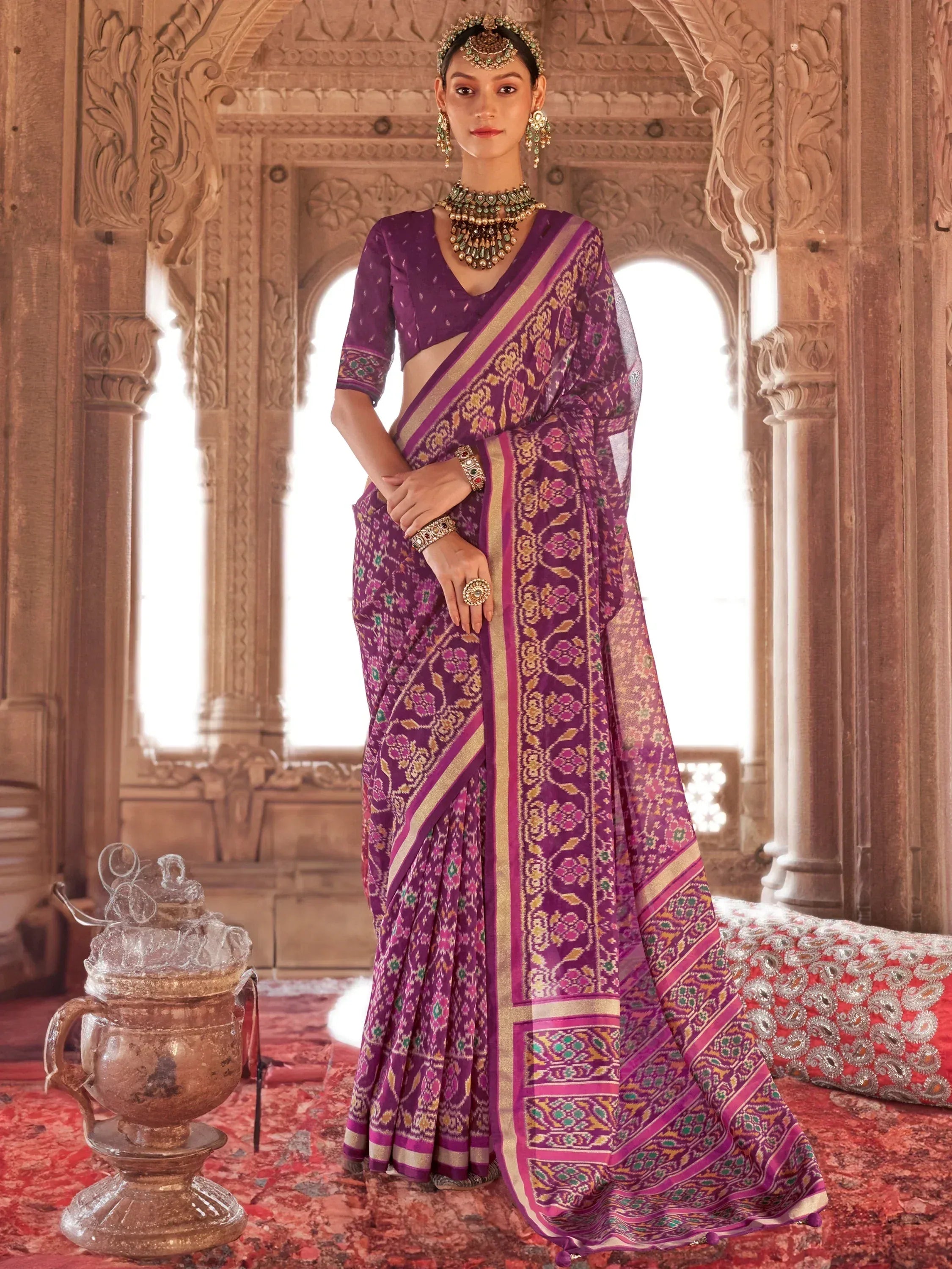 Purple floral saree with gold border, traditional Indian ethnic wear, designer saree for weddings